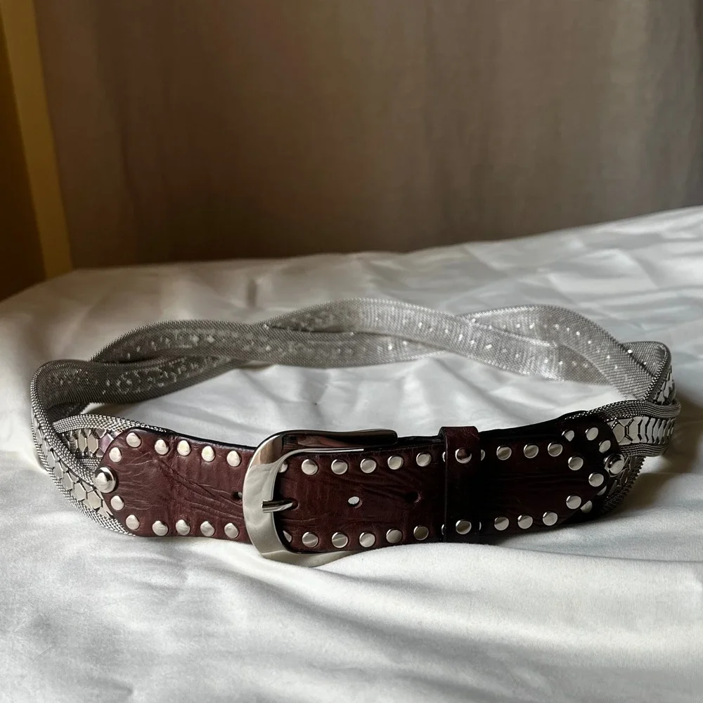 Nanni Italy Silver Mesh Leather Studded Belt 85/32 Brown Made in Italy